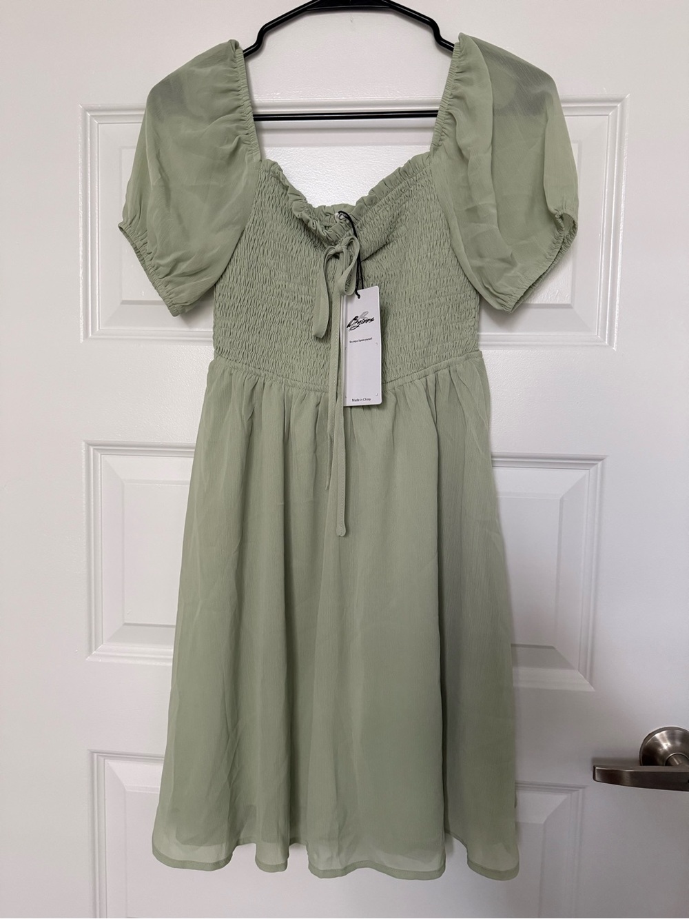 Smocked Puff-Sleeve Mini Dress in Sage Green